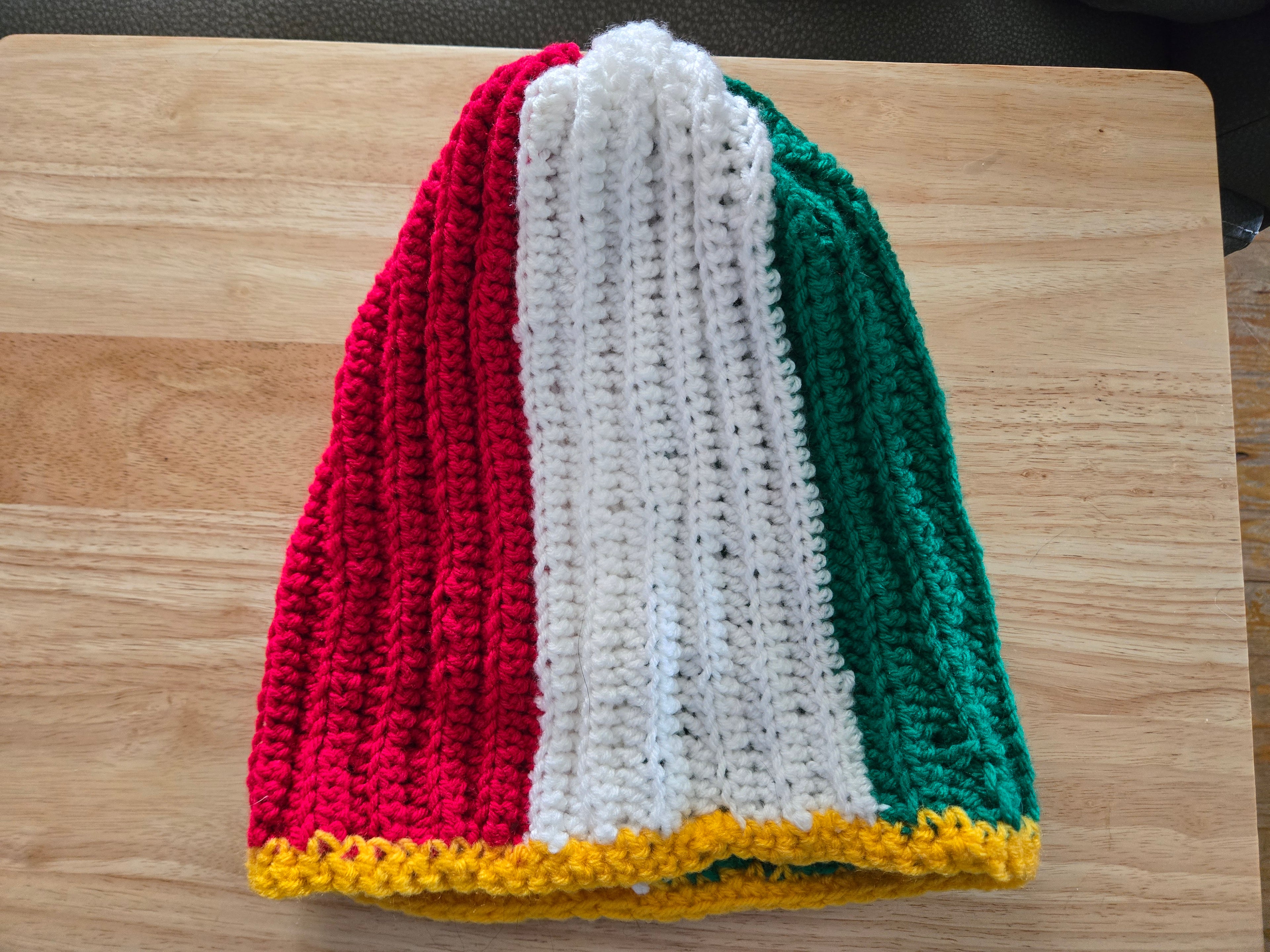 Red, White, and Green Crochet Beanie