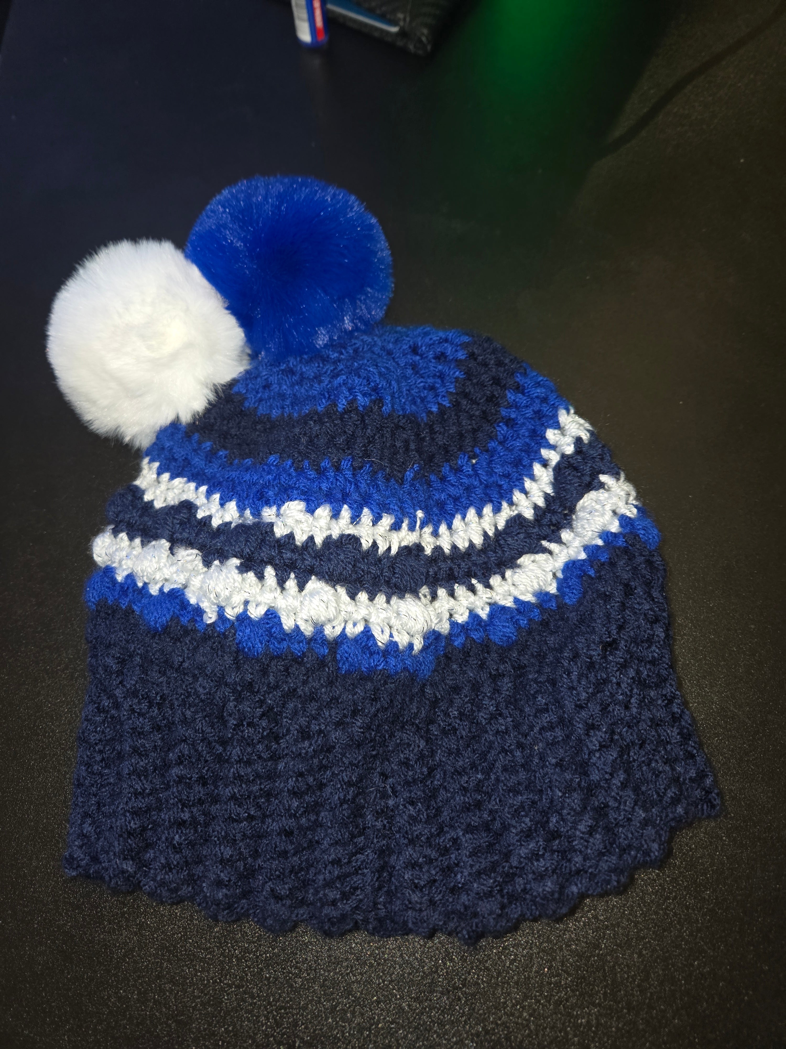 White/Blue Crochet Beanie